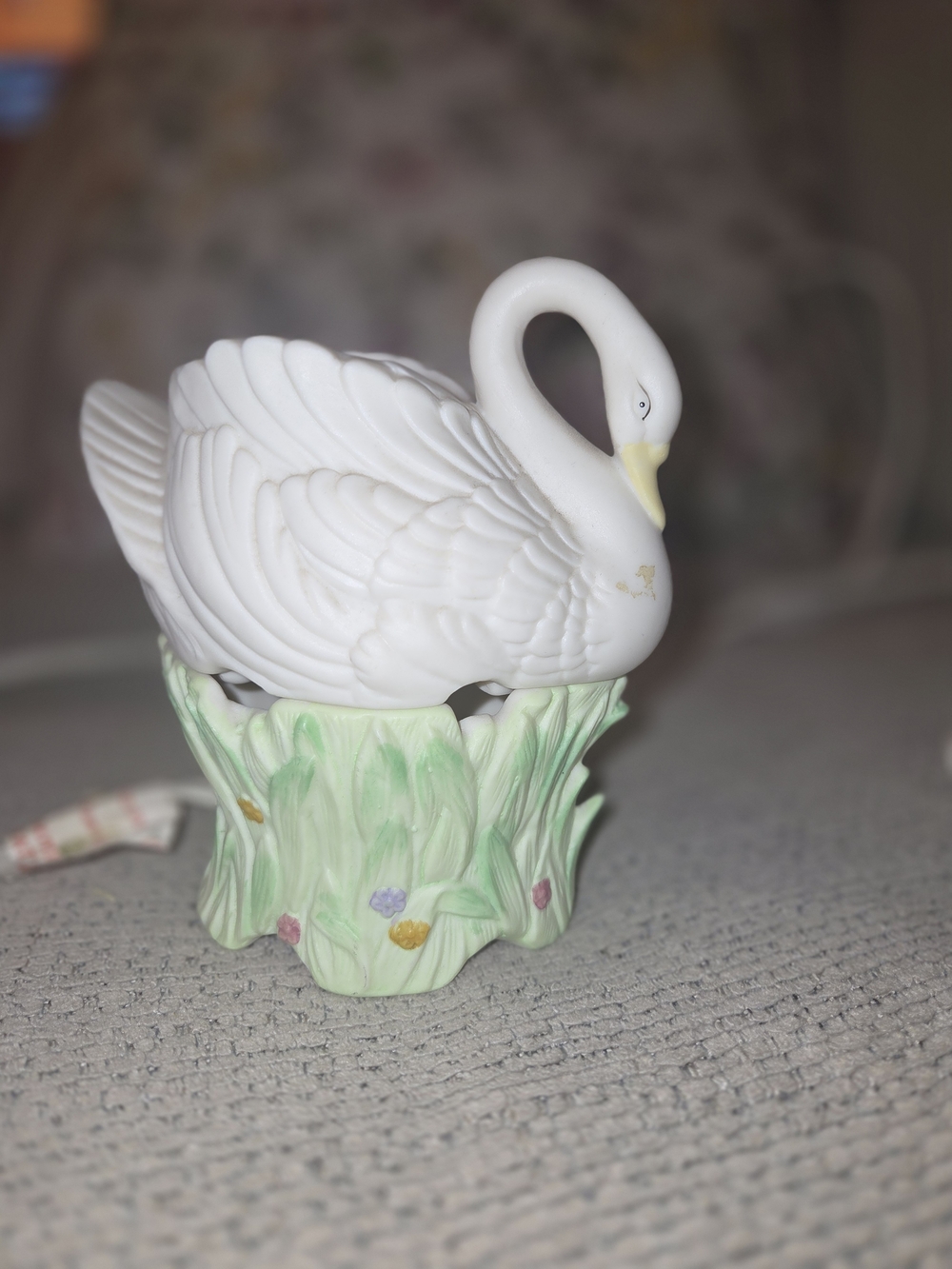 White Porcelain Swan Figurine on Green Floral Base With Light
